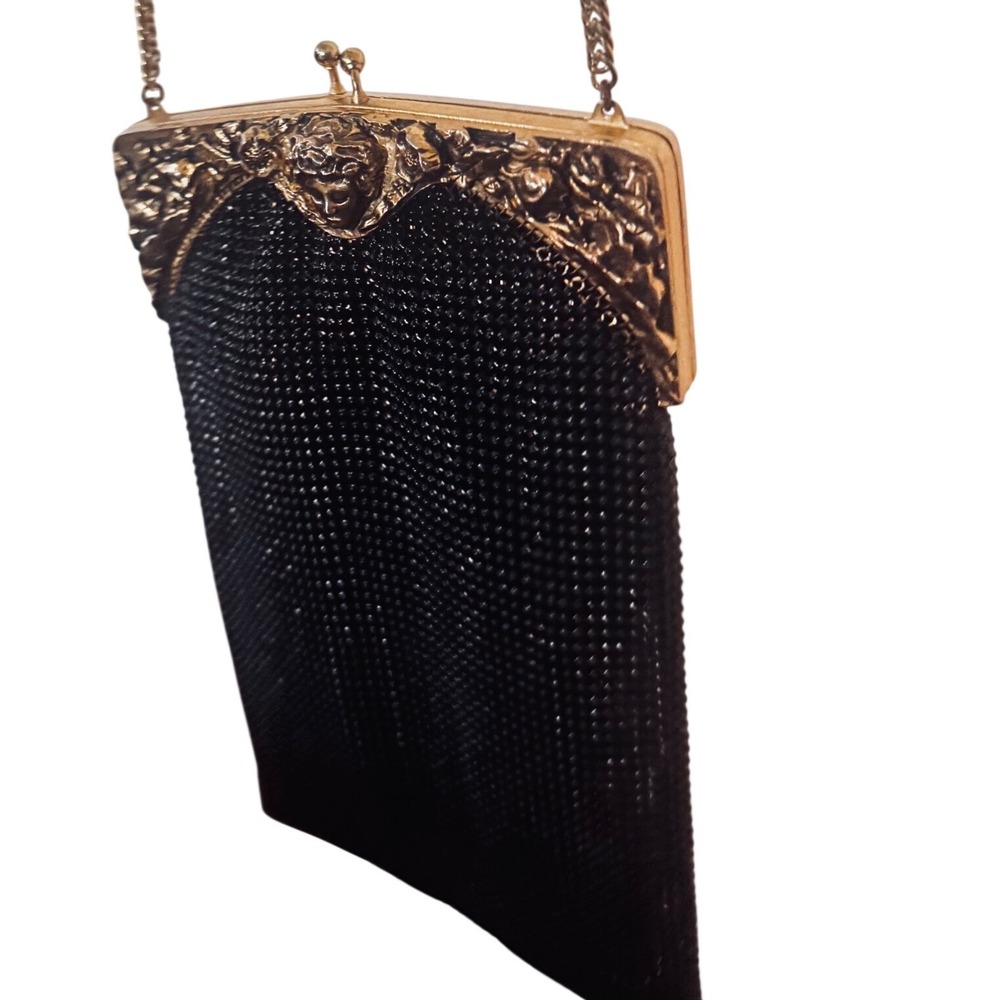 Whiting & Davis Black Mesh Evening Bag Gold Tone‎ Goddess Frame Vintage USA 8x5" - Picture 9 of 10